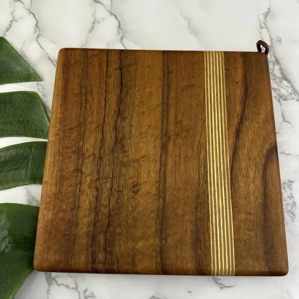 Vintage Handmade Wood Trivet Small Cutting Board Dark Brown Stripe Inlay Square